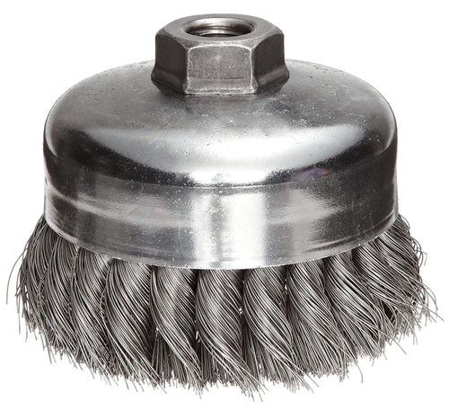 Weiler 12306 Wire Cup Brush. Threaded Hole. Steel. Partial Twist Knotted. Single Row. 4" Diameter. 0.014" Wire Diameter. 5/8"-11 Arbor. 1-1/4" Bristle Length. 9000 rpm - MPR Tools & Equipment