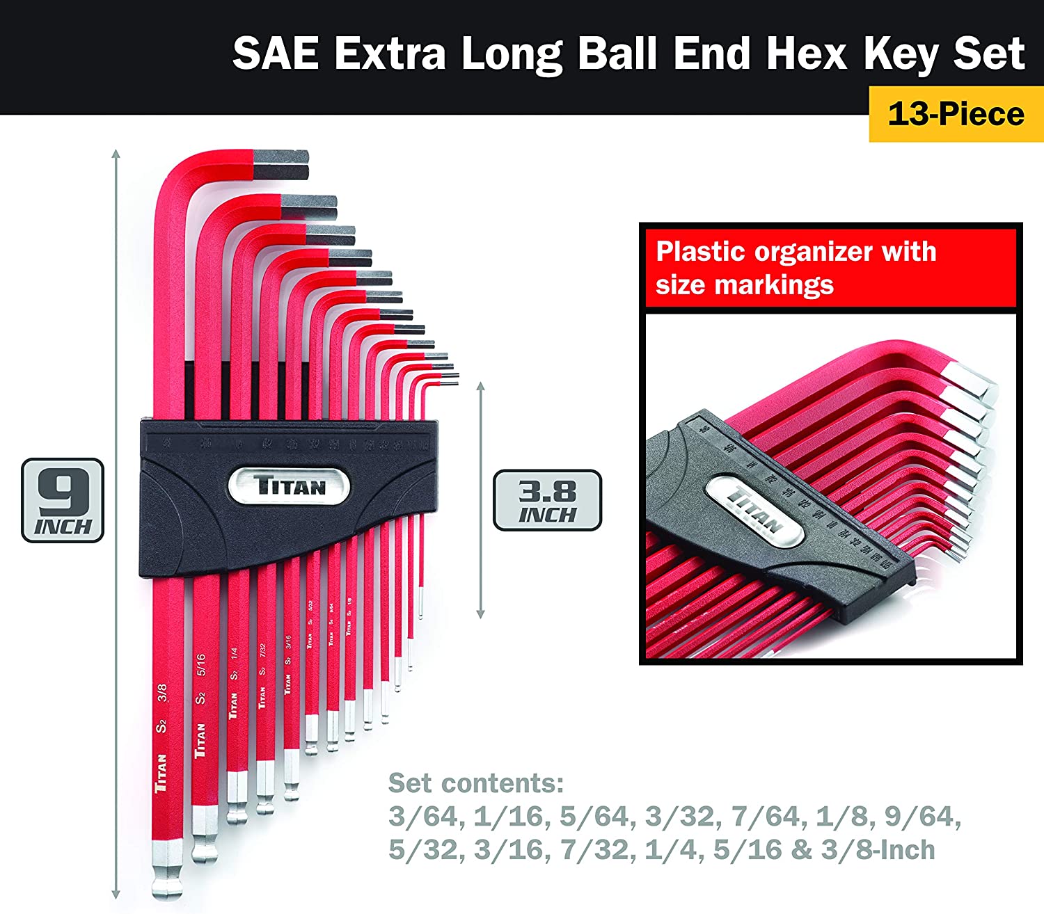 Titan 12713 13-Piece SAE Extra Long Ball End Hex Key Set - MPR Tools & Equipment