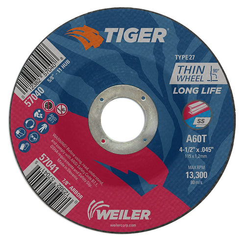 Weiler 57041 4-1/2" x 0.045" Tiger Type 27 Thin Cutting Wheel. A60T. 7/8" A.H. (Pack of 25) - MPR Tools & Equipment