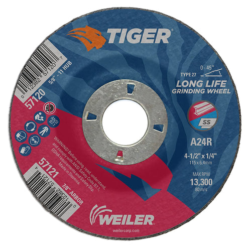 Weiler 57121 4-1/2" x 1/4" Tiger Type 27 Grinding Wheel. A24R. 7/8" A.H. (Pack of 10) - MPR Tools & Equipment
