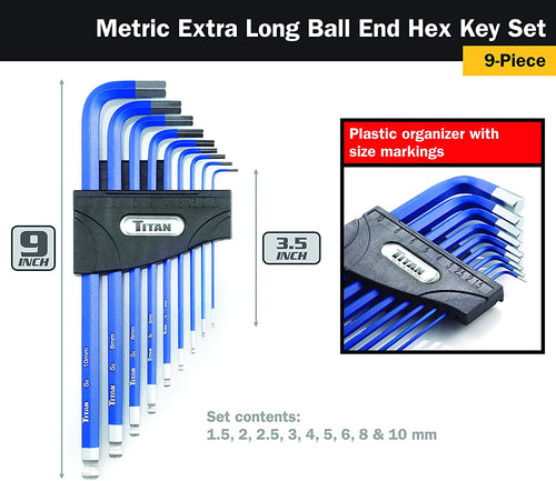 Titan 12714 9-Piece Metric Extra Long Ball End Hex Key Set - MPR Tools & Equipment