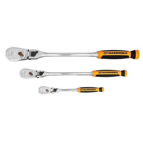GearWrench 81298T 3 Pc. 1/4", 3/8" & 1/2" Drive 90-Tooth Dual Material Locking Flex Head Ratchet Set - MPR Tools & Equipment