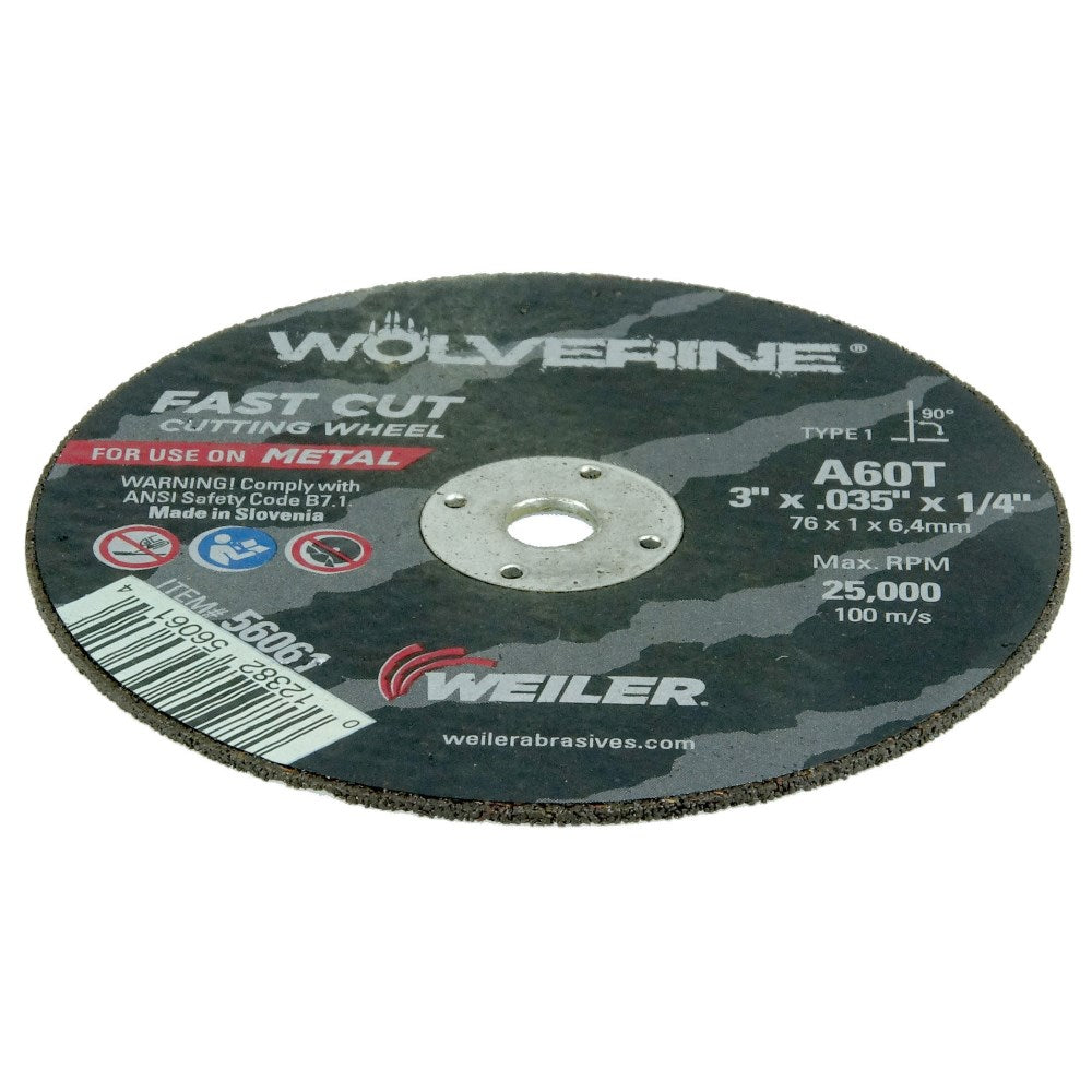 Weiler 56061 3" x .035" Wolverine Type 1 Cut-Off Wheel, A60T, 1/4" A.H. (Pack of 25)