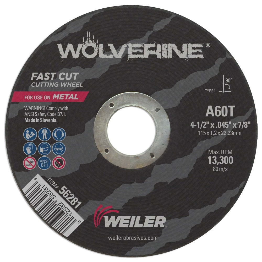 Weiler 56281 4-1/2" X .045" Wolverine Type 1 Cut-Off Wheel, A60T, 7/8" A.H. (Pack of 25)