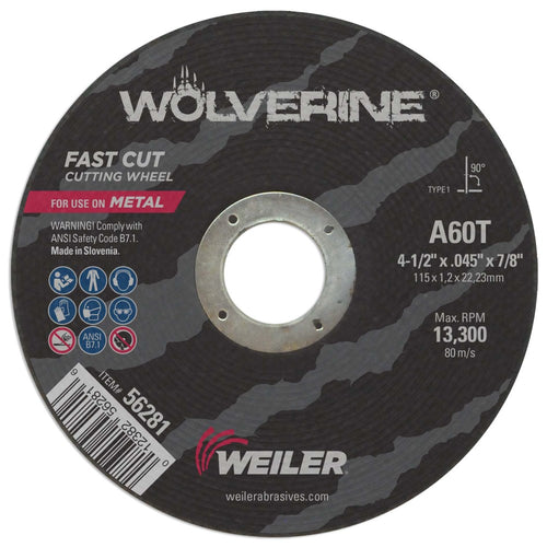 Weiler 56281 4-1/2" X .045" Wolverine Type 1 Cut-Off Wheel, A60T, 7/8" AH (lot de 25)