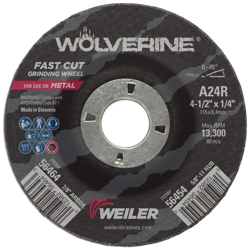 Weiler 56464 4-1/2" x 1/4" Wolverine Type 27 Grinding Wheel, A24R, 7/8" A.H. (Pack of 10)