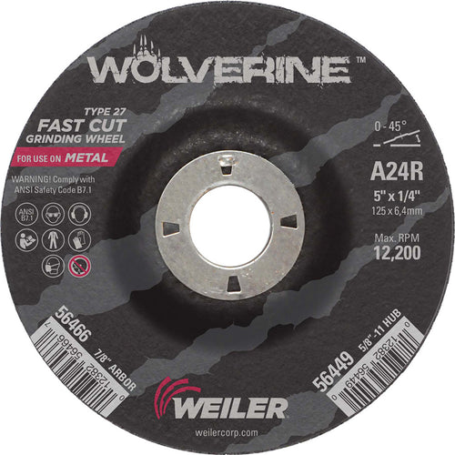 Weiler 56466 5" x 1/4" Wolverine Type 27 Grinding Wheel, A24R, 7/8" A.H. (Pack of 10)