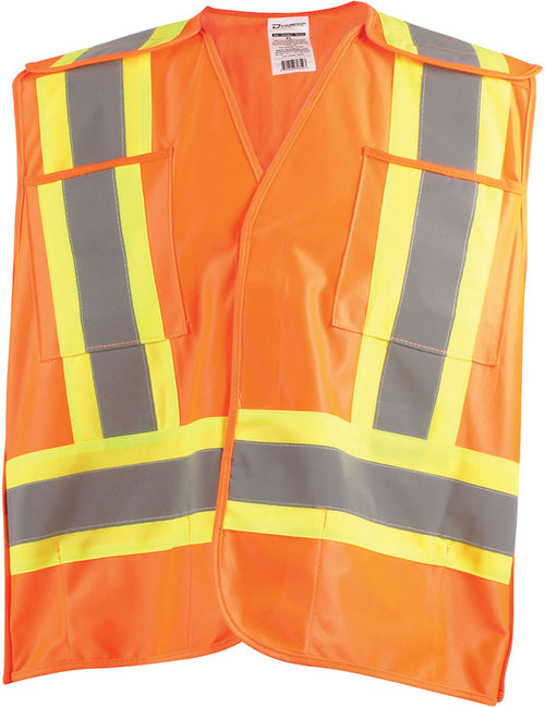 PIP Dynamic TSV2OG1823XL CSA Appr. Polyester Traffic Vest, Hi-Vis Orange, 4" Wide 360° Hrz. Stripes, 2 Vrt. Stripes, X in Back – 2XL/3XL - MPR Tools & Equipment