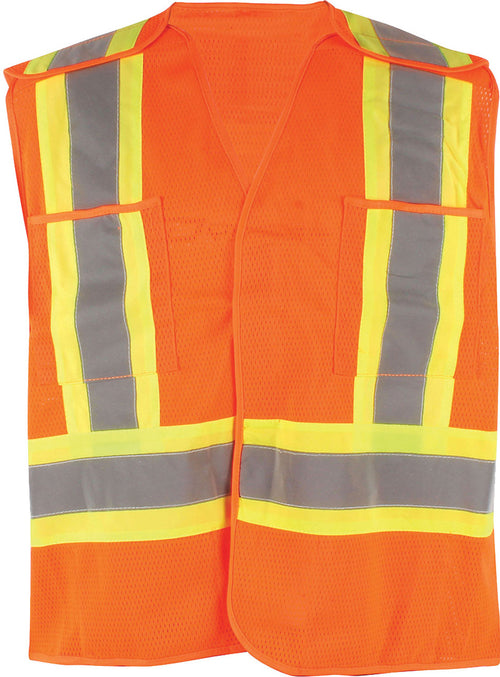 PIP Dynamic TSV2OG18U CSA Appr. Polyester Traffic Vest, Hi-Vis Orange, 4" Wide 360° Hrz. Stripes, 2 Vrt. Stripes, X In Back, Velcro Belt – Universal Size - MPR Tools & Equipment
